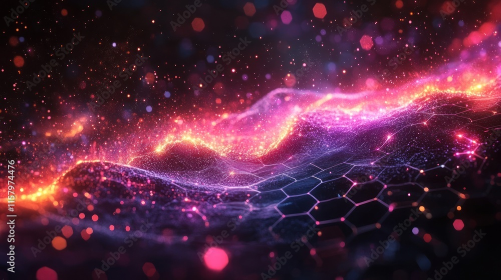 Abstract digital landscape with vibrant colors and glowing particles. Abstract digital landscape with vibrant colors and glowing particles.