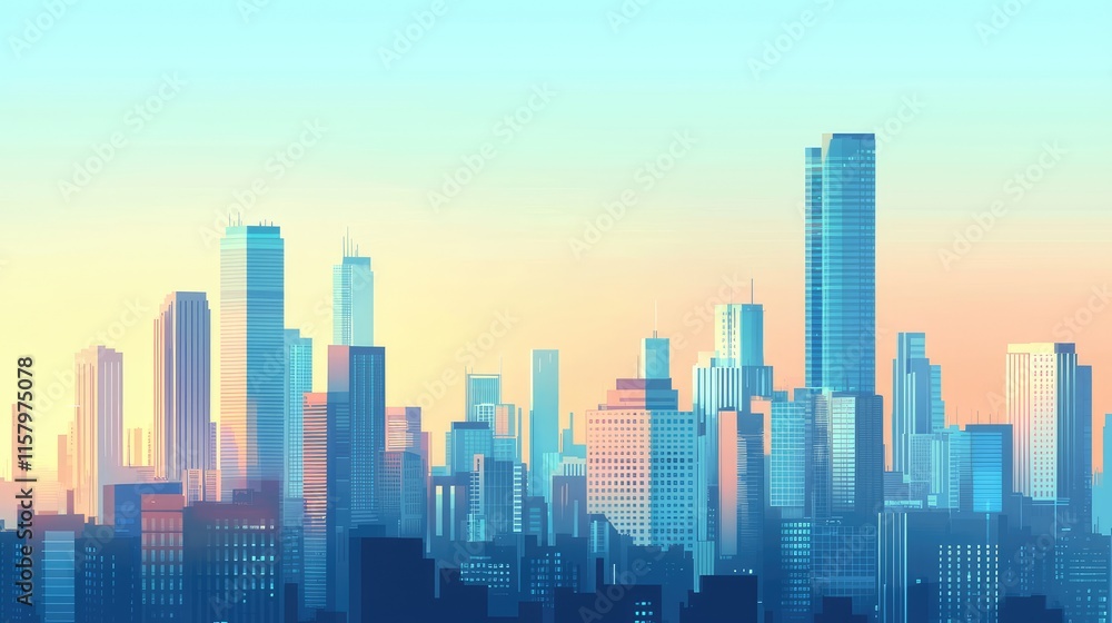 A Vibrant City Skyline with Glass Buildings under a Sunset Sky A Vibrant City Skyline with Glass Buildings under a Sunset Sky