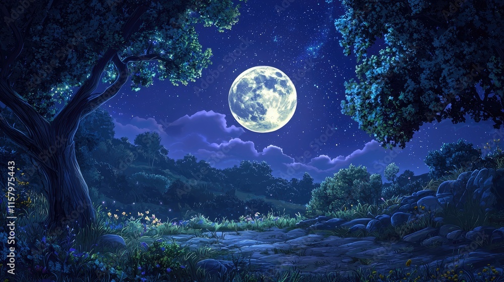 Naklejka premium A Moonlit Forest Path with a Full Moon and Starry Night Sky