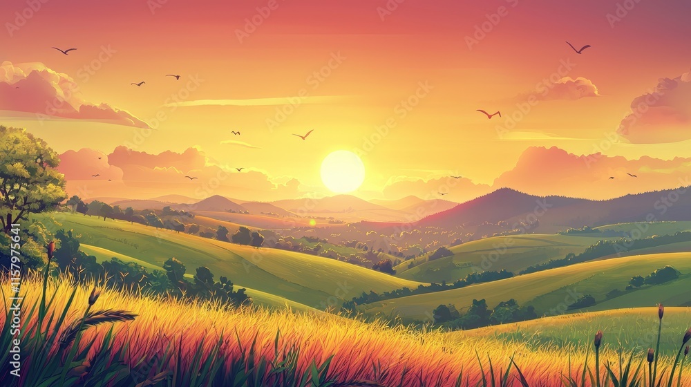 Obraz premium A Golden Sunset Over Rolling Hills and Lush Green Fields