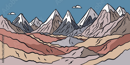 Flat cartoon graphic vector illustration of abstract mountain range landscape with colorful foothills and sharp triangular snowy mount peaks. Simple decorative sketch with rough uneven drawn outline.