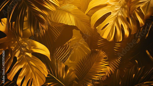 Gold-tinted tropical foliage forms a stunning background for any project. perfect for evoking feelings of grandeur and luxuriance. generative ai. Auriferous. Illustration photo