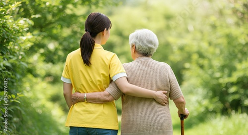 杖を持った年配の女性を支援する看護師｜Nurse assisting senior woman with cane photo