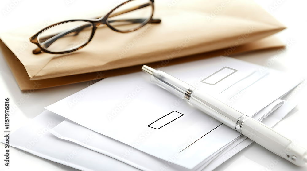 Documents and pen are arranged on table with glasses nearby, conveying sense of organization and readiness for writing Documents and pen are arranged on table with glasses nearby, conveying sense of organization and readiness for writing