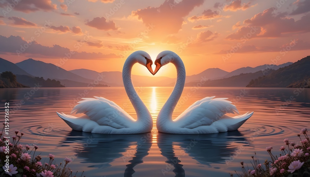 Fototapeta premium Two graceful swans swimming on the lake during sunset with beautiful reflections