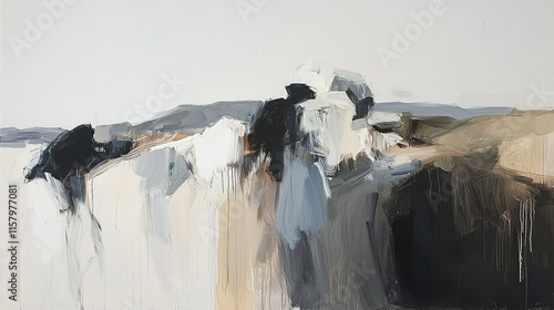 Abstract landscape painting with muted tones and bold brushstrokes depicting hills and sky. photo