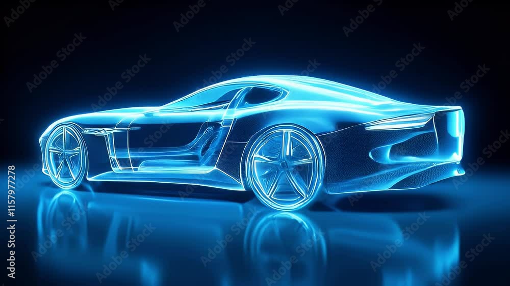 A glowing, futuristic car design rendered in blue neon light showcasing its sleek profile. A glowing, futuristic car design rendered in blue neon light showcasing its sleek profile.