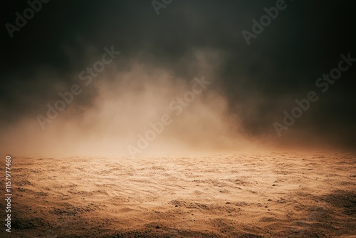 Fototapeta Naklejka Na Ścianę i Meble -  Dusty, sandy landscape under a dark, hazy sky; a desolate, atmospheric scene.
