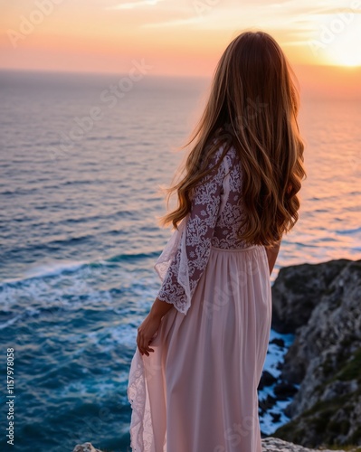 Serene Woman in Flowing Dress Gazing at Sunset Over the Ocean