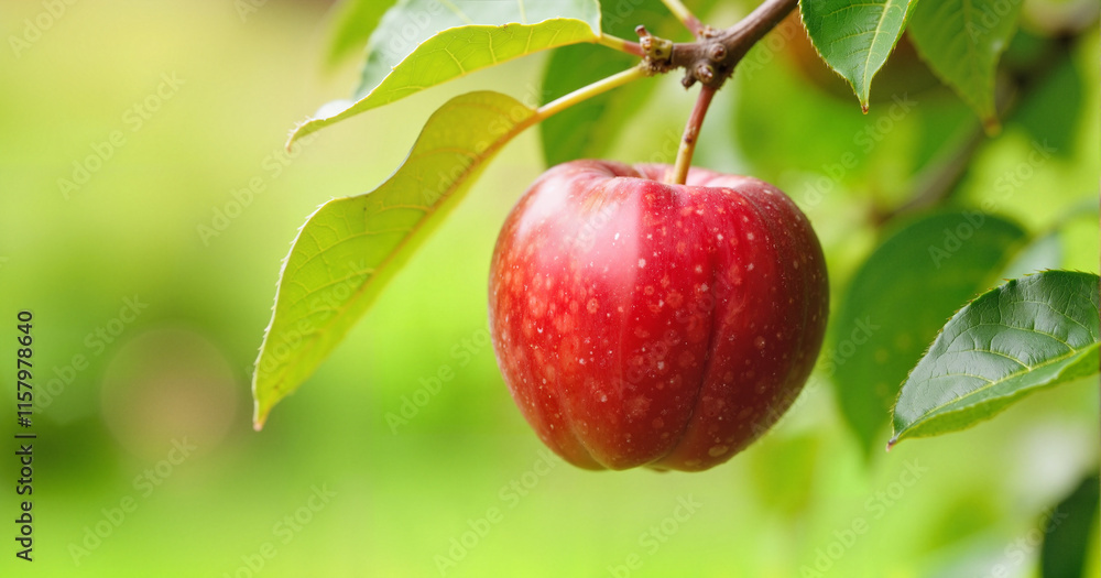 Obraz premium Red apple hanging on tree branch against green background