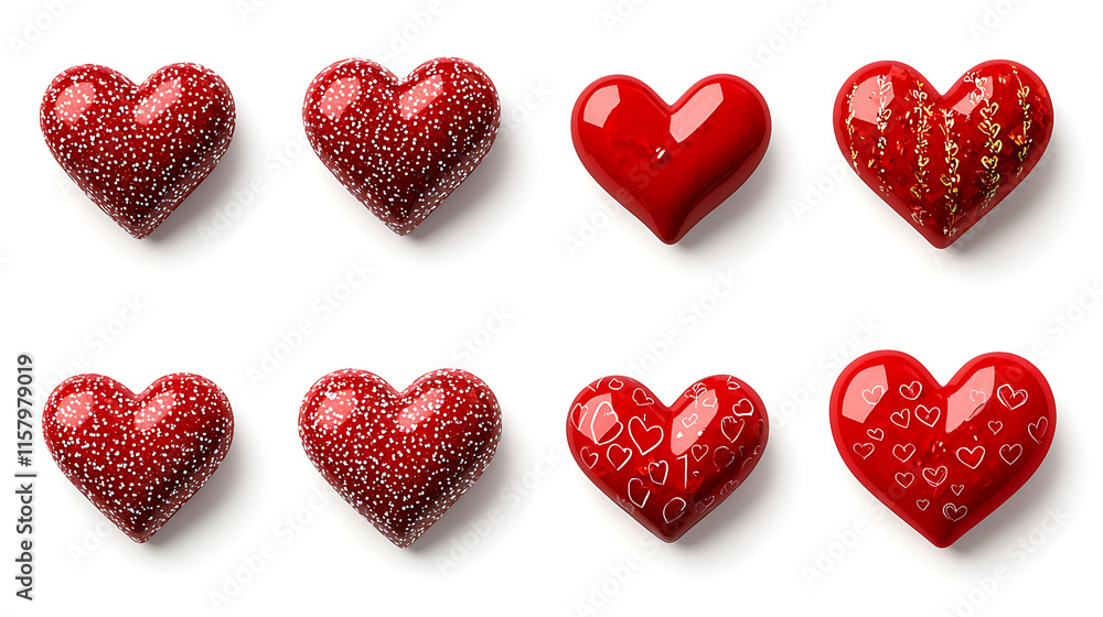 Fototapeta premium Red hearts in various designs and textures, perfect for expressing love and affection. Ideal for romantic themes and celebrations