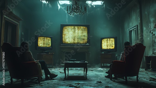 Wallpaper Mural Two figures sit in armchairs in a dilapidated room, facing three vintage televisions displaying static. Torontodigital.ca