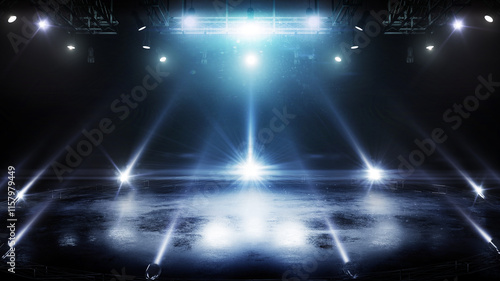 Ice. Bright flood lights around the winter skating rink. Realistic ice and snow on dark background. Scene background