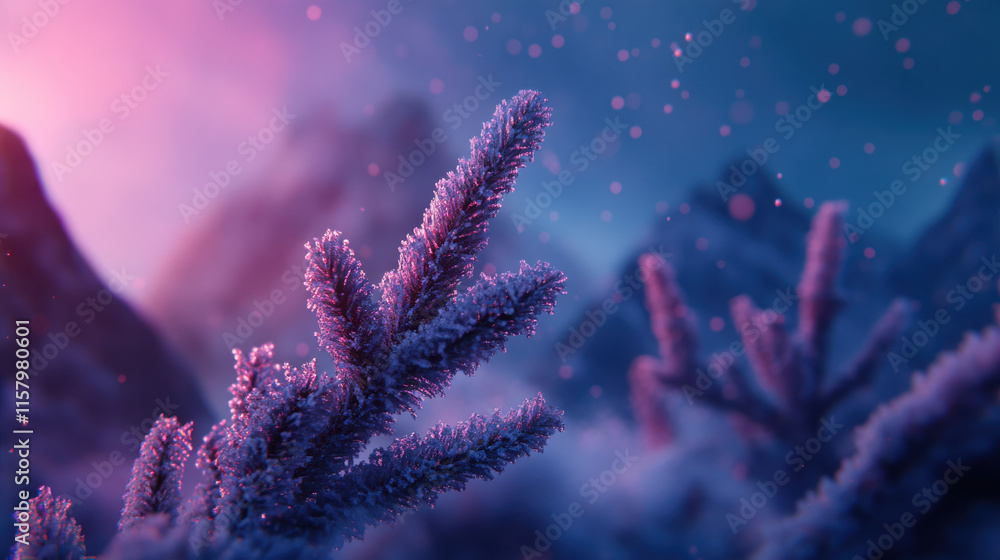 Fototapeta premium A detailed close-up of evergreen pine branches, coated in shimmering frost, under a moody cyan and magenta light scheme