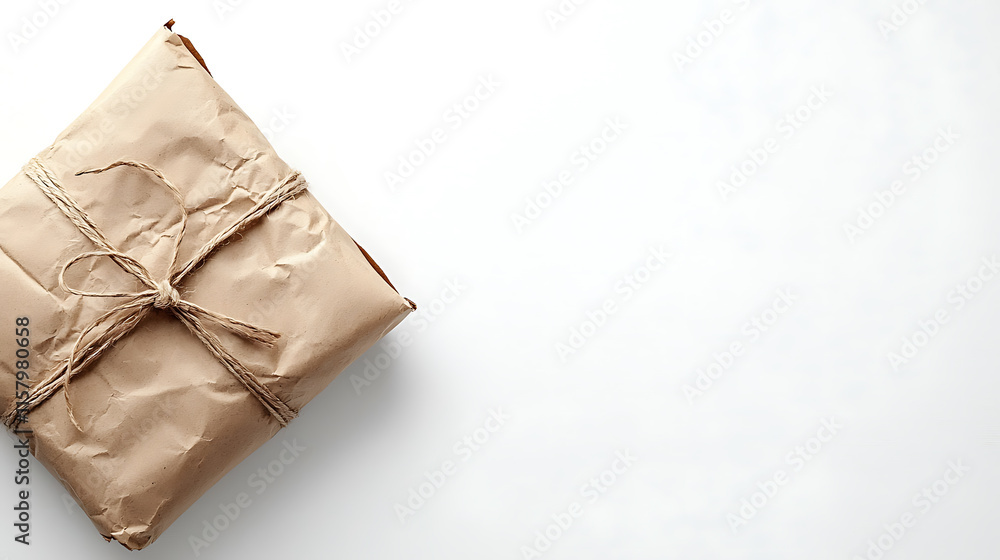 Fototapeta premium wrapped parcel tied with twine, isolated on white background, evokes sense of anticipation and surprise