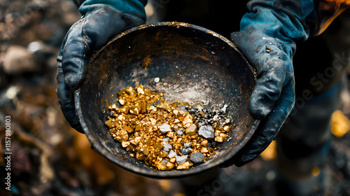 Close-up of gloved hands holding a pan of gold-bearing ore. the gold is mixed with other minerals. a concept for mining and prospecting. Auriferous. Illustration photo