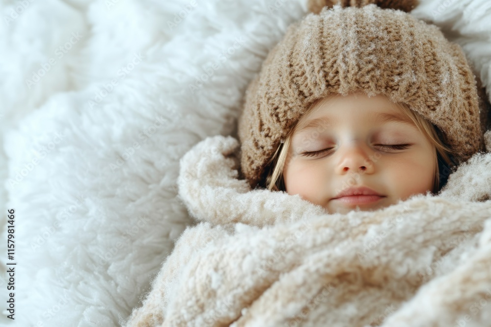 A little one enveloped in a snug knitted hat and scarf rests peacefully amidst falling snow, exuding warmth and the serene joy of a wintry nap. A little one enveloped in a snug knitted hat and scarf rests peacefully amidst falling snow, exuding warmth and the serene joy of a wintry nap.