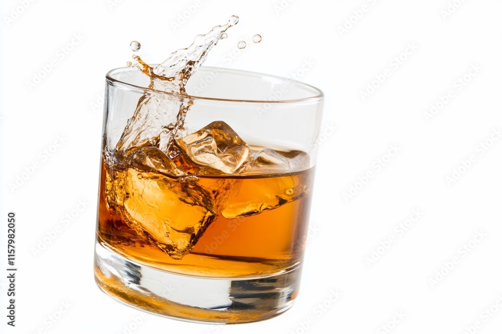 A glass of whiskey with ice, capturing a splash effect. A glass of whiskey with ice, capturing a splash effect.