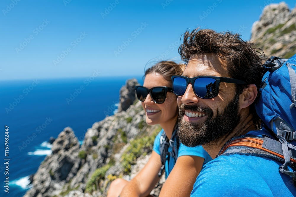 Two hikers sit on a rocky cliff overlooking the ocean, smiling and enjoying the panoramic view, capturing the essence of freedom, joy, and friendship. Two hikers sit on a rocky cliff overlooking the ocean, smiling and enjoying the panoramic view, capturing the essence of freedom, joy, and friendship.