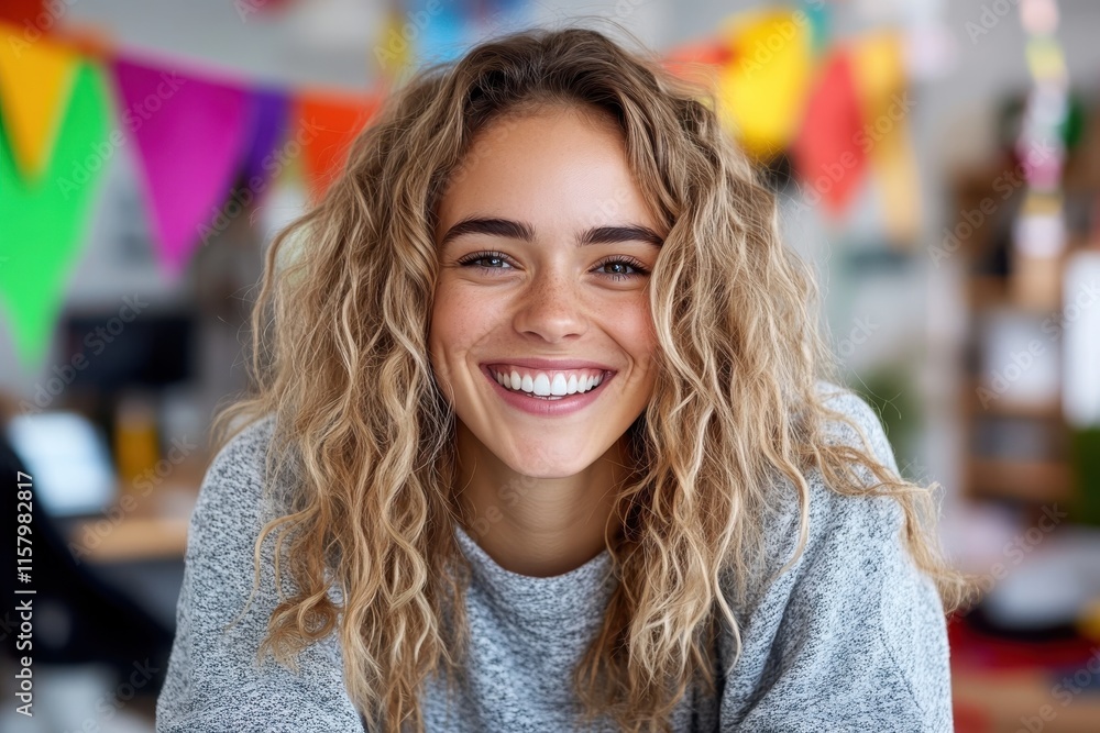 A young woman with curly hair beams with happiness in a vibrant setting adorned with colorful decorations, celebrating joy and festivity with radiant energy. A young woman with curly hair beams with happiness in a vibrant setting adorned with colorful decorations, celebrating joy and festivity with radiant energy.