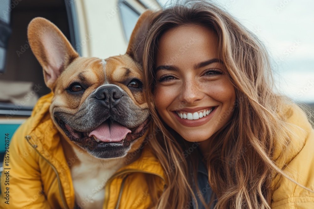 An adventurous woman and her happy French Bulldog posing outside a camper van, both dressed warmly against the backdrop of scenic mountains. An adventurous woman and her happy French Bulldog posing outside a camper van, both dressed warmly against the backdrop of scenic mountains.