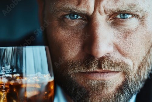 An expressive image of a man with icy blue eyes holding a glass of whiskey. The image captures a sense of resoluteness while highlighting the man's facial texture.