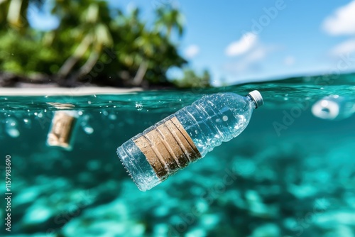 A single plastic bottle drifts serenely in clear, tropical waters against a backdrop of palm trees, highlighting pollution in natural paradises demanding urgent care. photo