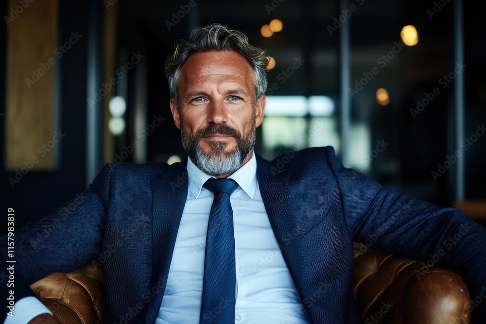 A self-assured executive exudes comfort and authority while seated in an office space, embodying leadership with a natural, confident presence in his attire. A self-assured executive exudes comfort and authority while seated in an office space, embodying leadership with a natural, confident presence in his attire.