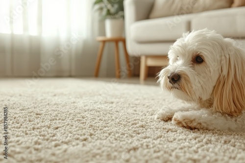 A dog rests peacefully on a plush carpet in a bright, pet-friendly living space with modern furnishings and sunlight streaming in. photo