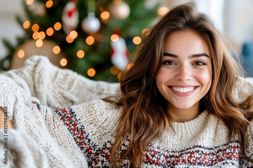 A woman with a radiant smile is wrapped in a festive sweater, surrounded by holiday decorations, creating a cozy and cheerful winter atmosphere. A woman with a radiant smile is wrapped in a festive sweater, surrounded by holiday decorations, creating a cozy and cheerful winter atmosphere.