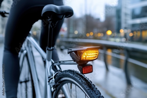 A bicyclist rides near a city riverside with an orange rear signal, emphasizing safety and nighttime travel as city lights illuminate the path and water view. photo