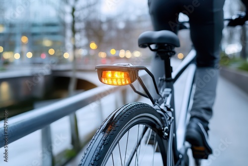 This shows the rear-view of a cyclist with an orange light, artfully captured against an evening cityscape along a river, focusing on the journey into night. photo