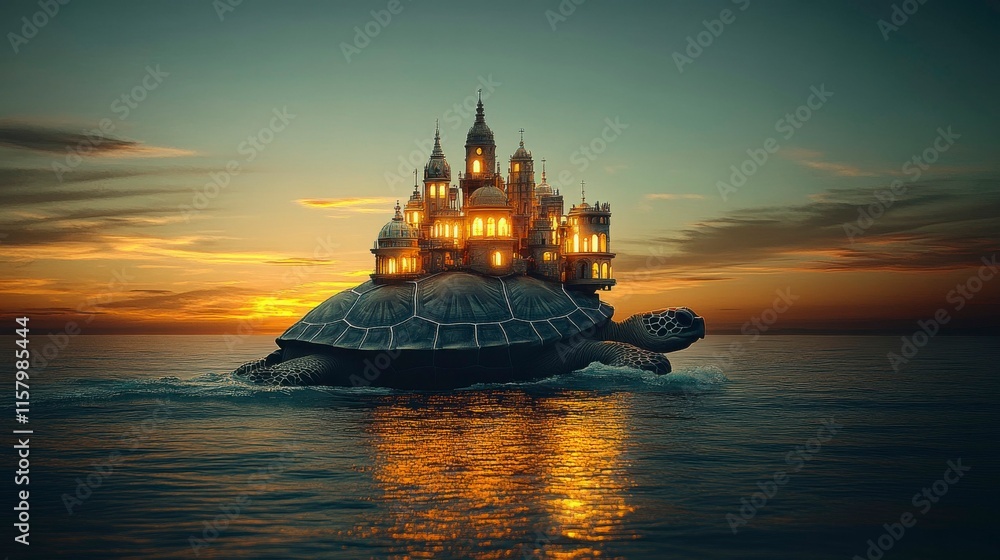 Fototapeta premium A magical city thriving on the back of a giant turtle, its towering spires silhouetted against the horizon as the turtle moves serenely through the ocean.