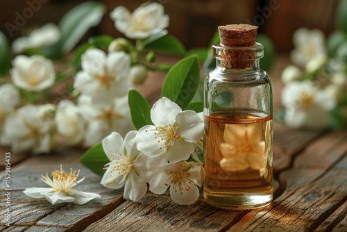 Essential oil with jasmine flower on wooden plank,.      photo