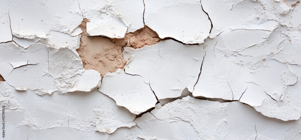 Naklejka premium Cracked white wall texture revealing underlying surface.