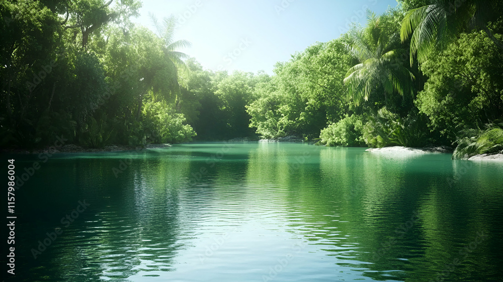 Serene Lagoon in Lush Tropical Forest, Reflecting Sunlight Gently. Tranquil waters embrace verdant shores, creating a picturesque paradise. Serene Lagoon in Lush Tropical Forest, Reflecting Sunlight Gently. Tranquil waters embrace verdant shores, creating a picturesque paradise.