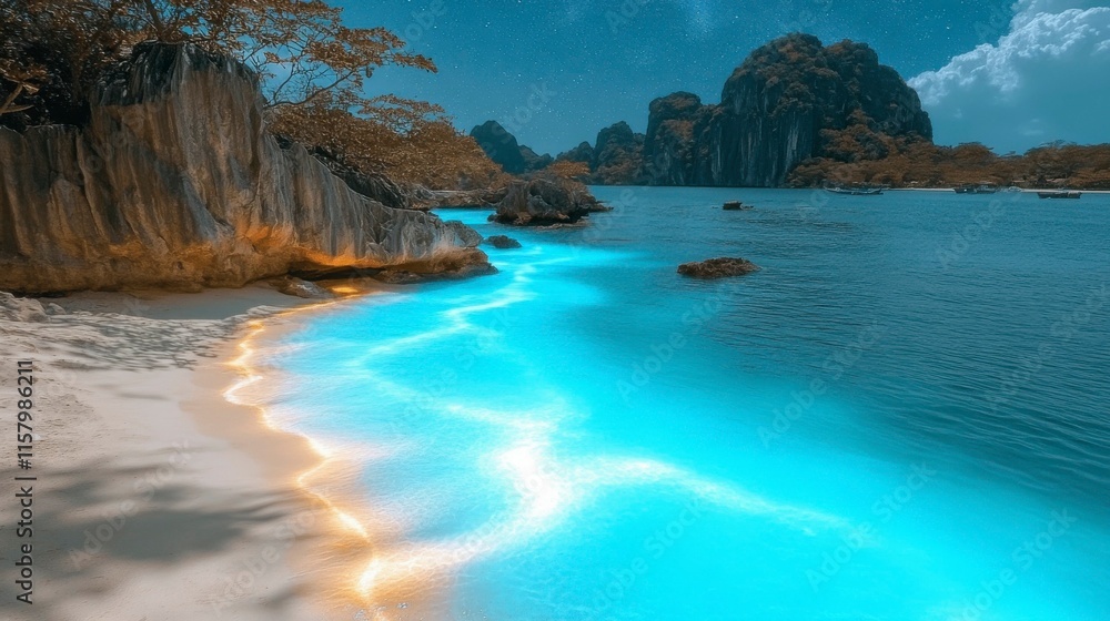 Fototapeta premium A tranquil beach with glowing sand radiating soft light, stretching under a vast starry sky, creating a magical and serene atmosphere by the ocean.