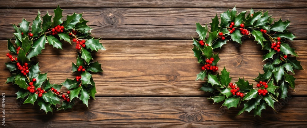 Rustic wooden background with two festive holly wreaths displayed Rustic wooden background with two festive holly wreaths displayed
