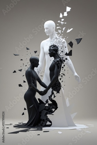 A transformation through black and white human figures on a neutral background 