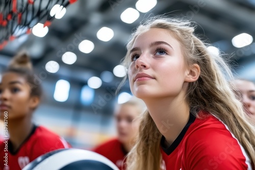 A young volleyball player in red jersey attentively watches the game, poised and ready for action, demonstrating focus, determination, and athletic dedication. photo