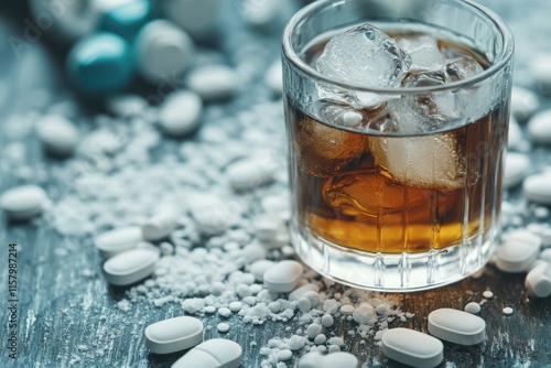 A glass of cool, dark soda or alcohol with ice cubes scattered around by pills, hinting at inner conflict and contemplation in a mysterious, dimly-lit setting. photo