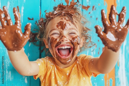 A delighted child, with curly hair, giggles uncontrollably, the face and hands thoroughly smeared with chocolate, representing untamed happiness and joy.