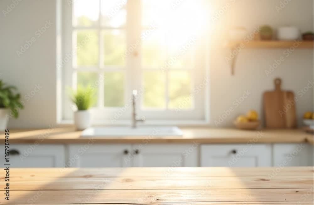 Naturally wooden kitchen table with big white window with soft sunrays on backlight Naturally wooden kitchen table with big white window with soft sunrays on backlight