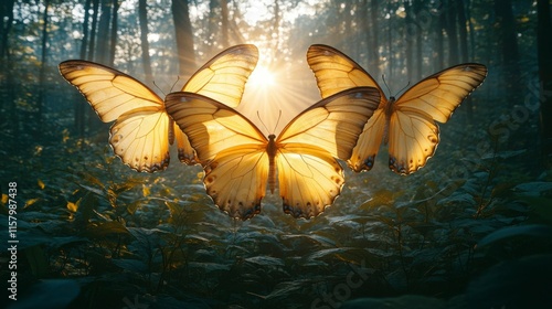 A captivating jungle filled with giant butterflies soaring through beams of light, their vibrant wings illuminating the thick, green foliage around them. photo