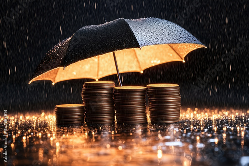 Protective umbrella over coins in rain, symbolizing financial security. Generative Ai photo