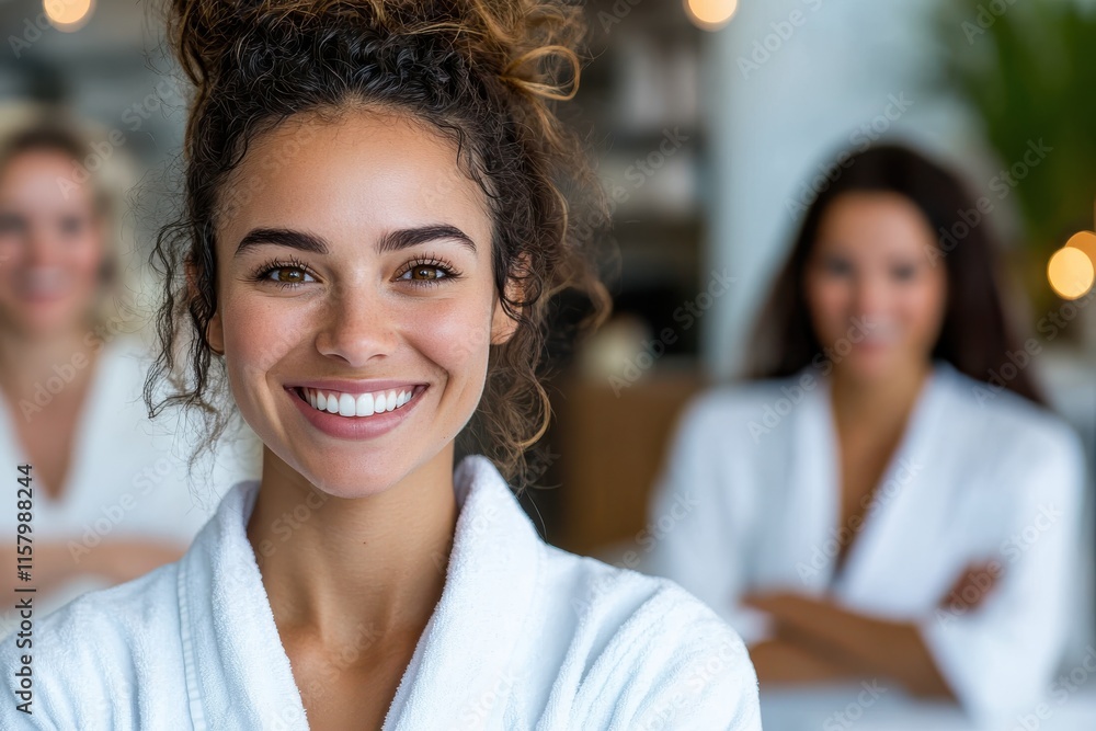 A young woman in a spa robe smiles warmly in the foreground, with two blurred figures behind her, evoking feelings of relaxation and rejuvenation in a serene setting. A young woman in a spa robe smiles warmly in the foreground, with two blurred figures behind her, evoking feelings of relaxation and rejuvenation in a serene setting.