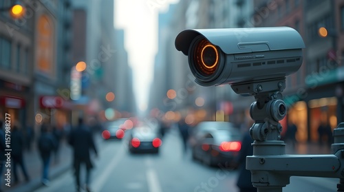 The image shows a surveillance camera mounted on a pole, monitoring a busy city street with traffic and buildings in the background. facial recognition technology in action. photo