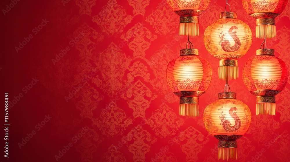 Red lanterns hanging against a patterned wall. Red lanterns hanging against a patterned wall.