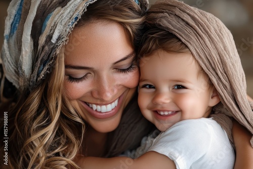 A mother warmly embraces her smiling infant, draped in cloth, capturing the warmth, tenderness, and maternal bond in a cozy and peaceful domestic setting.