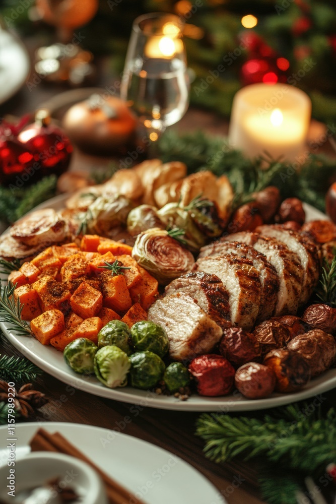 Obraz premium Festive roasted vegetable platter christmas dinner table food photography cozy atmosphere closeup view culinary delight